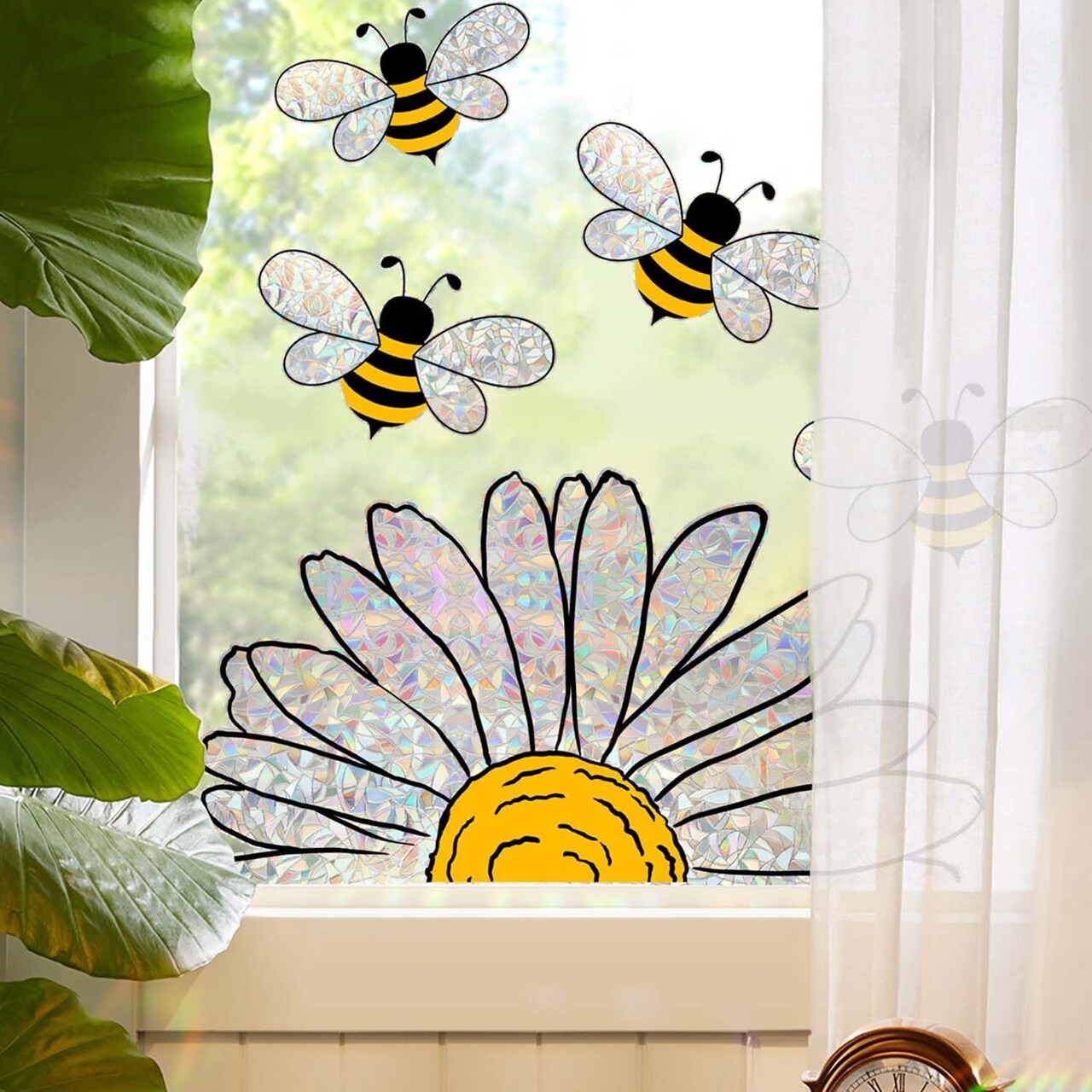 5pcs Bee Sunflower Window Stickers - Double-Side Glass Decals (White)